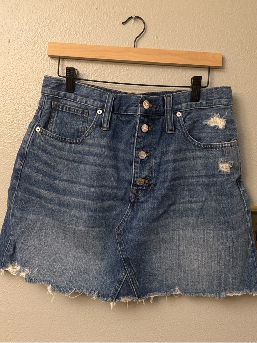 Madewell Blue Button-Front Distressed Denim Mini Skirt